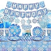 Winter Snowflake Party Decorations, Including Happy Birthday Banner, Cake Toppers, Tableware, Tablecloth Balloons for Snowflake Winter Wonderland Party, Serves 20
