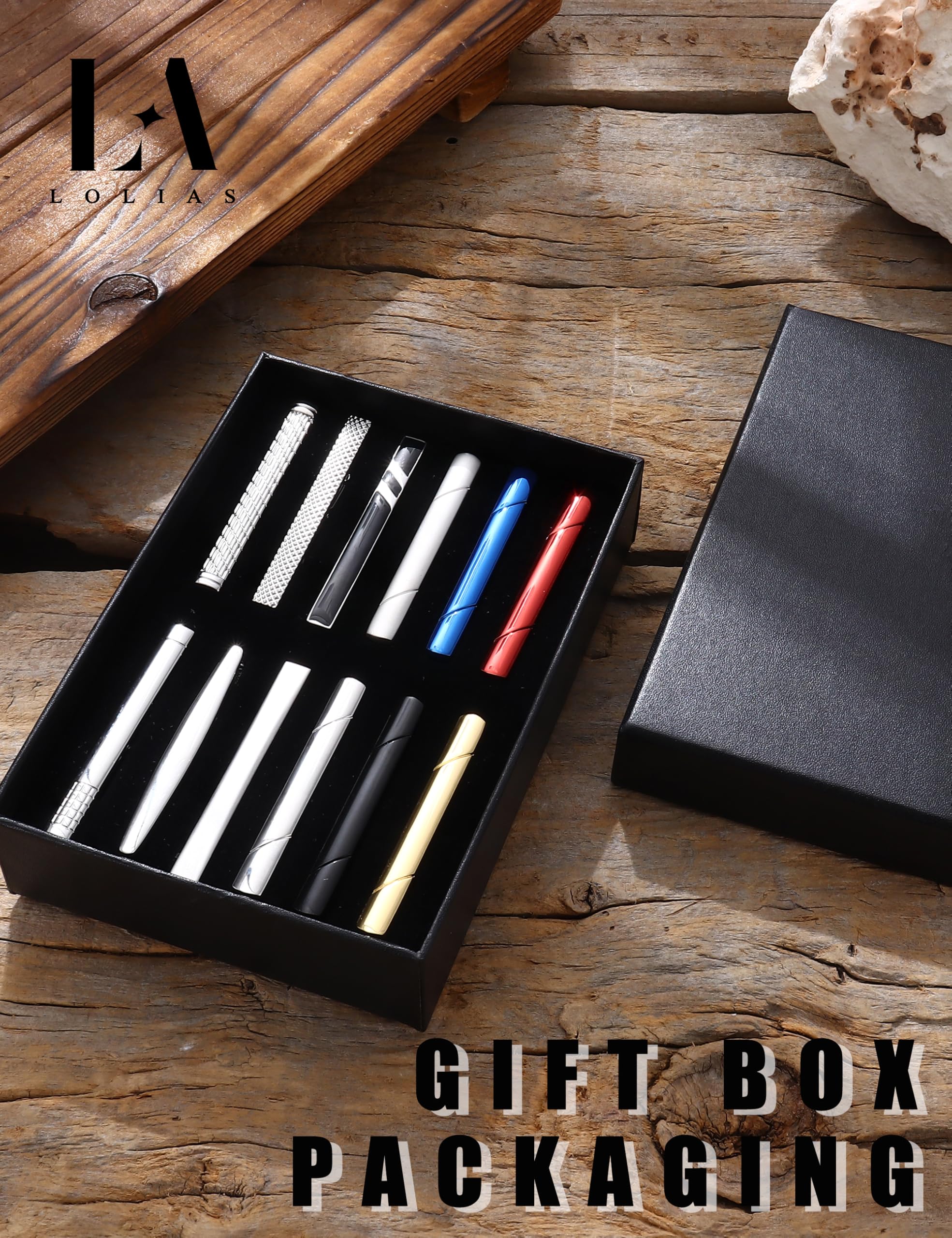 LOLIAS 12Pcs Tie Clips for Men Silver Black 14K Gold Plated Tie Bar for Regular Ties Classic Tie Clasps Necktie Wedding Meeting Business Clips with Gift Box