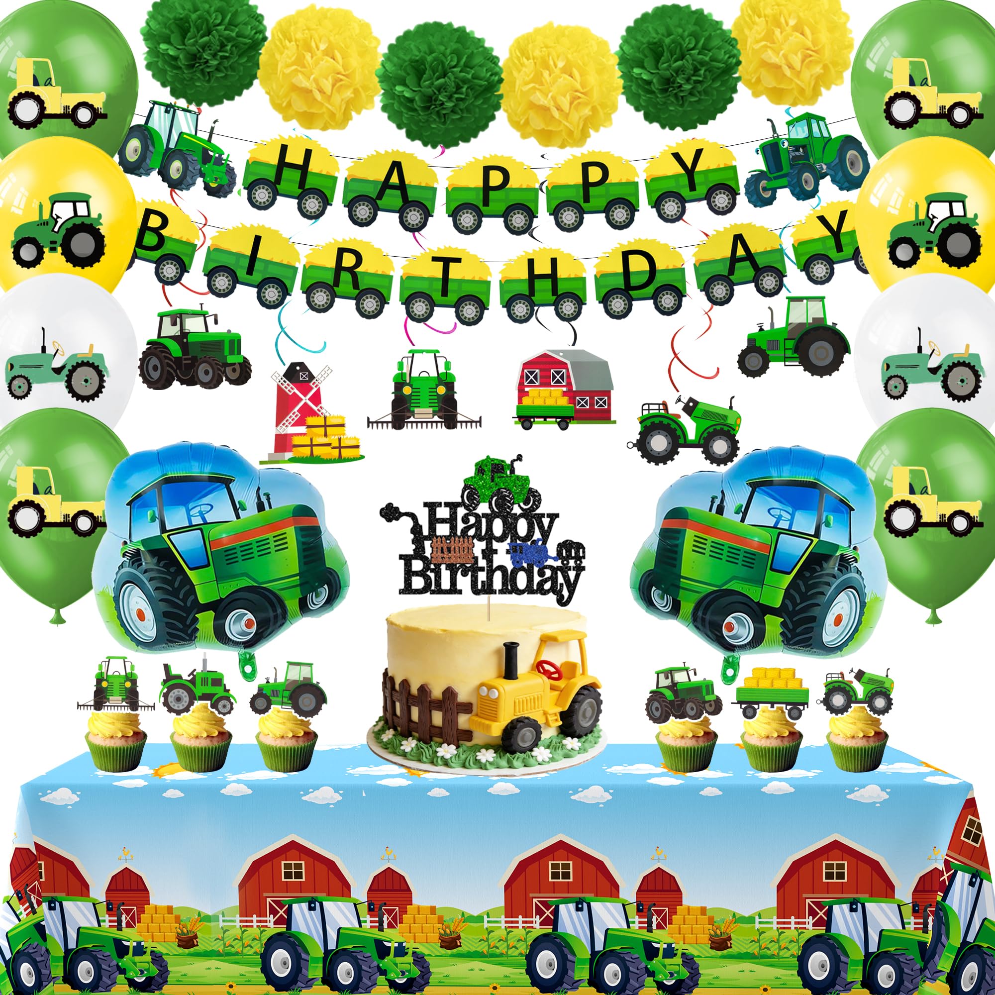 55 Pcs Tractor Birthday Party Decorations, Tractor Birthday Balloons Tractors Banner Tableclothes Flower Balls Hanging Swirls for Tractor Birthday Party Supplies