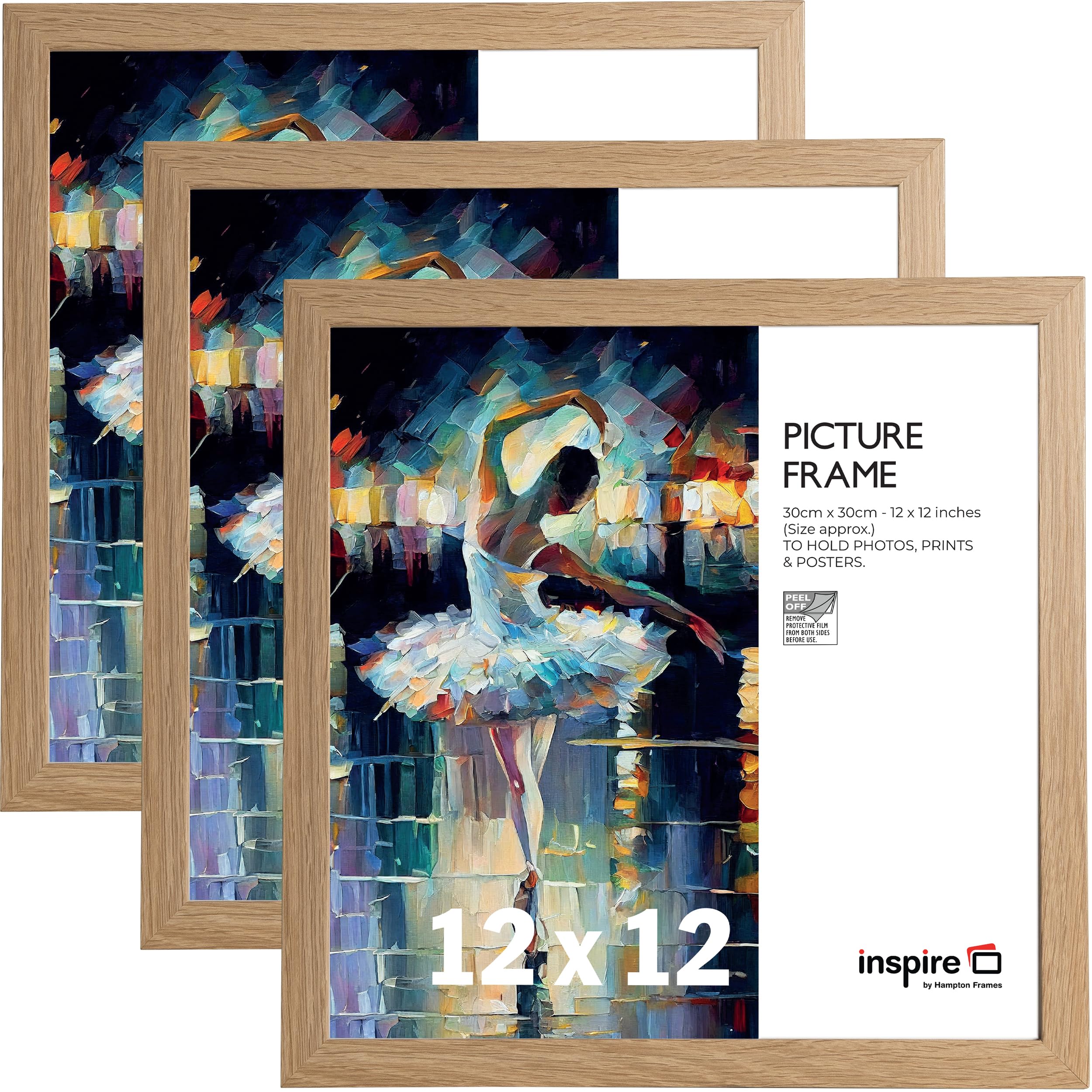 inspire by Hampton Frames | SORBONNE Picture Photo Frame Set | 12x12in (30x30cm), Oak Effect, Acrylic (Non-Glass), 3-Pack | Modern Wall Display, Lightweight, Easy Mounting