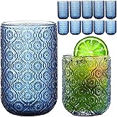 FERAHI Blue Drinking Glasses Set of 12, 12 Oz Highball & 10 Oz Cocktail Glasses, Blue Kitchen Vintage Glassware Set, Floral Embossed Glass Tumbler Cups for Water, Beer, Juice, Whiskey, Coffee