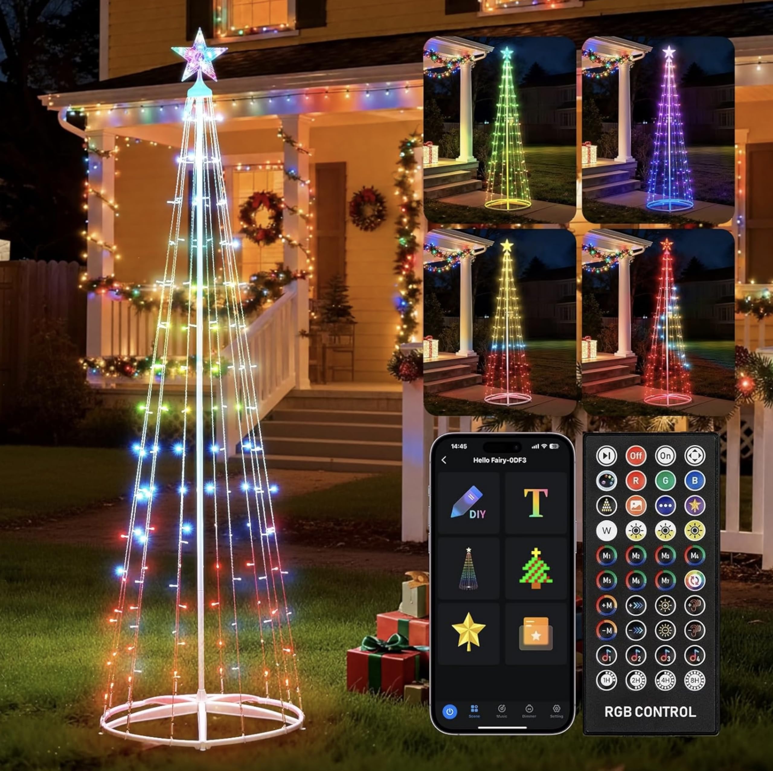 Photo 1 of 7.5Ft Smart LED Christmas Cone Tree Light, Lighted Artificial Tree with Star Topper, Music Sync with Remote APP Control, DIY RGB Light Show Tree for Xmas Indoor Outdoor Decorations (RGB)