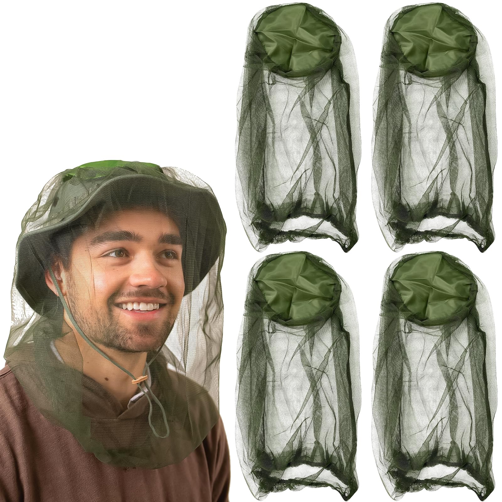 4 Pack Mosquito Head Net Mesh Hat, Mosquito Net, Garden Bug Face Shield Insect Repellent Net Head Mosquito Net, Insect Mesh Face Covering for Hiking Camping Fishing Bug Bee Keeper Gardening, Green