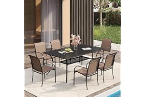 VICLLAX Patio Dining Set for 6, Outdoor Furniture Set Includes 59" Rectangle Patio Table and 6 Patio Sling Chairs, Outdoor Table and Chairs for Outsides, Black Tabletop and Brown Fabric