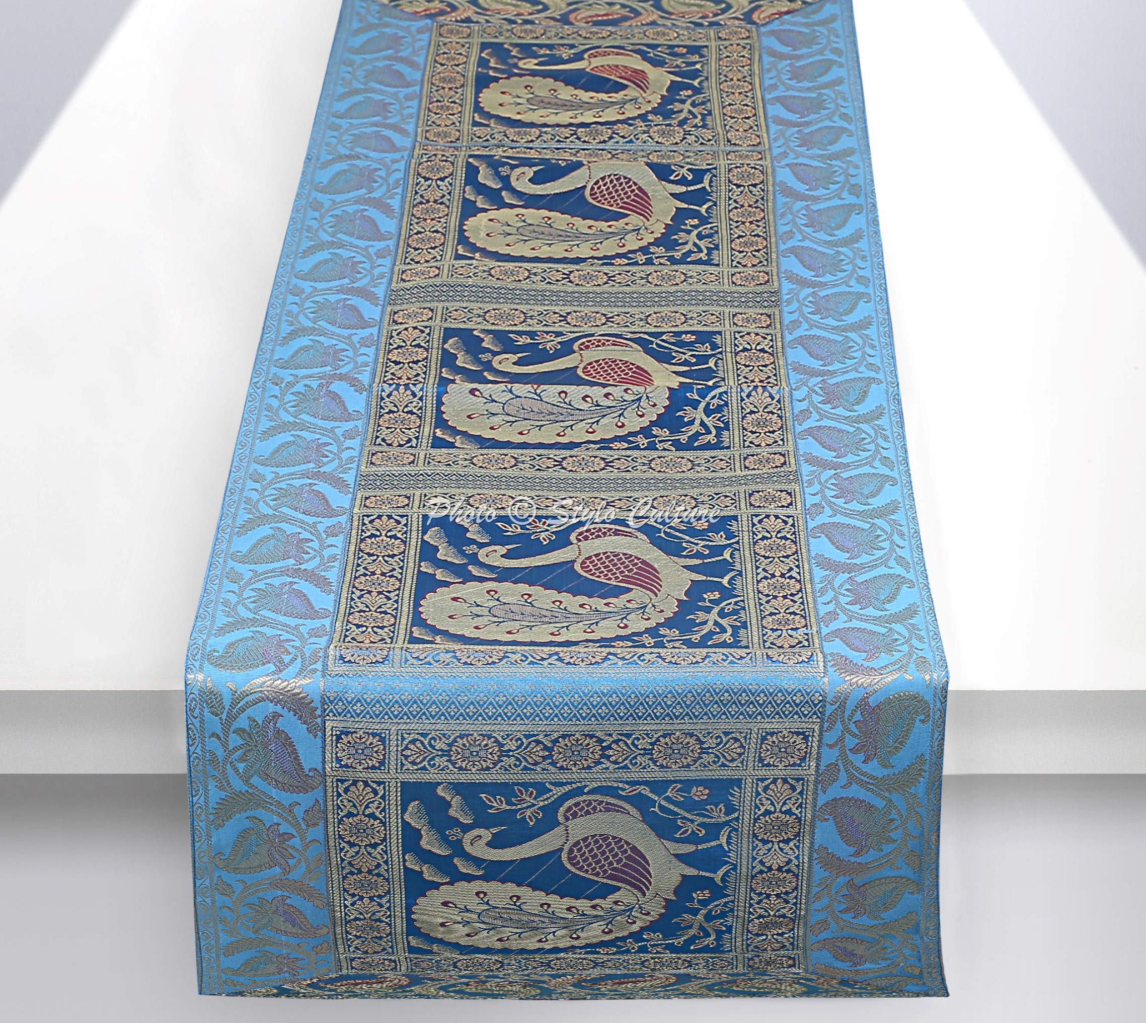 Stylo Culture Bohemian Dining Table Runner Turquoise Gold Peacock Floral Brocade Jacquard Rectangle Home Decor Indian Coffee Table Cloth | 60x16 Inches ( 152 x 40 cm)