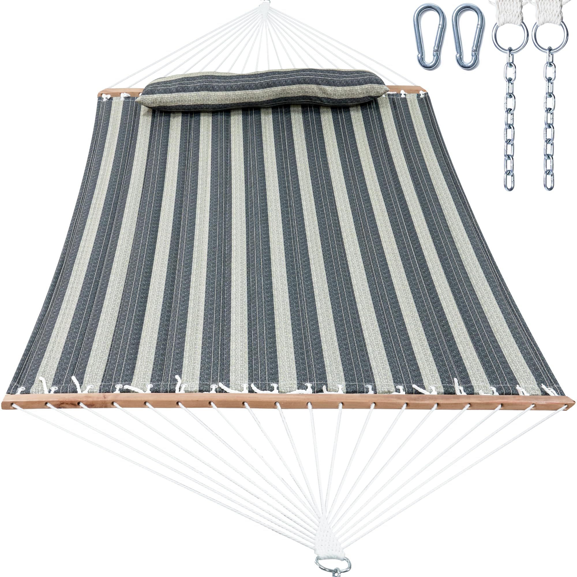 Photo 1 of ***Damaged - Spreader bar is broken***Gafete 2 Person Hammocks for Outside, Double Quilted Fabric Outdoor Hammock with Spreader Bar, Large Removable Pillow, Storage Pockets, Carabiners, Max 475 lbs Capacity (Slate Grey)***Damaged - Spreader bar is broken*