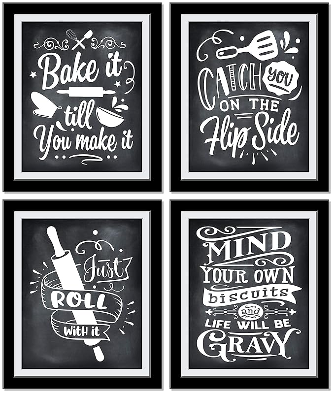 Kitchen Wall Decor, Just Roll with it - Catch you on the flip side - Bake it till you make it Set of 4 super Fun Kitchen signs wall decor, Kitchen Decor | 8 x 10 UnFramed Prints…
