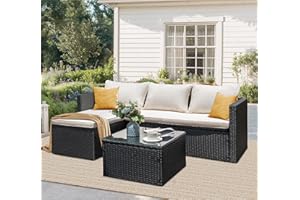 JAMFLY Patio Furniture Set 3 Piece Outdoor Sectional Patio Sofa, All-Weather Wicker Rattan Outdoor Furniture Set with Glass Table and Cushions, Black/Beige