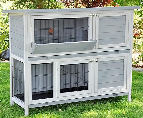 nanook Bommel Kaninchenstall mit Heuraufe, doppelstöckiger Kleintierstall für Meerschweinchen, Kaninchen und Nager, Holz-Hase