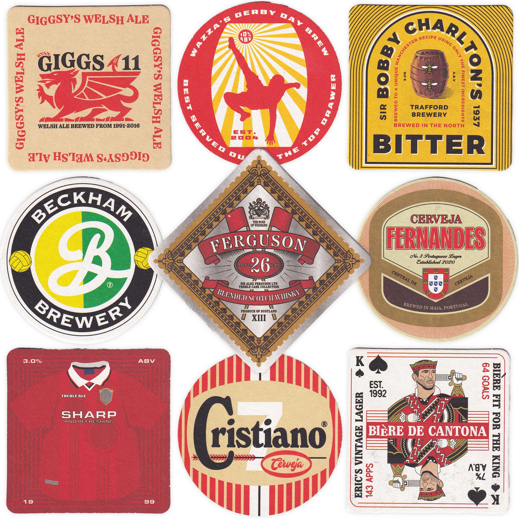 Man United Beer Mats x9-9 Double-Sided Mats, 18 Designs In Total