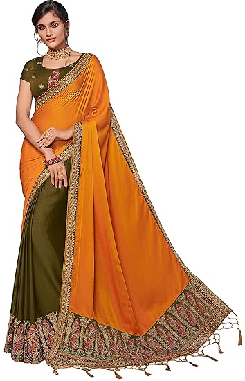 Satin Saree With Blouse Piece (Mustard -03_Mustard Yellow, Mehendi Green_Free Size)