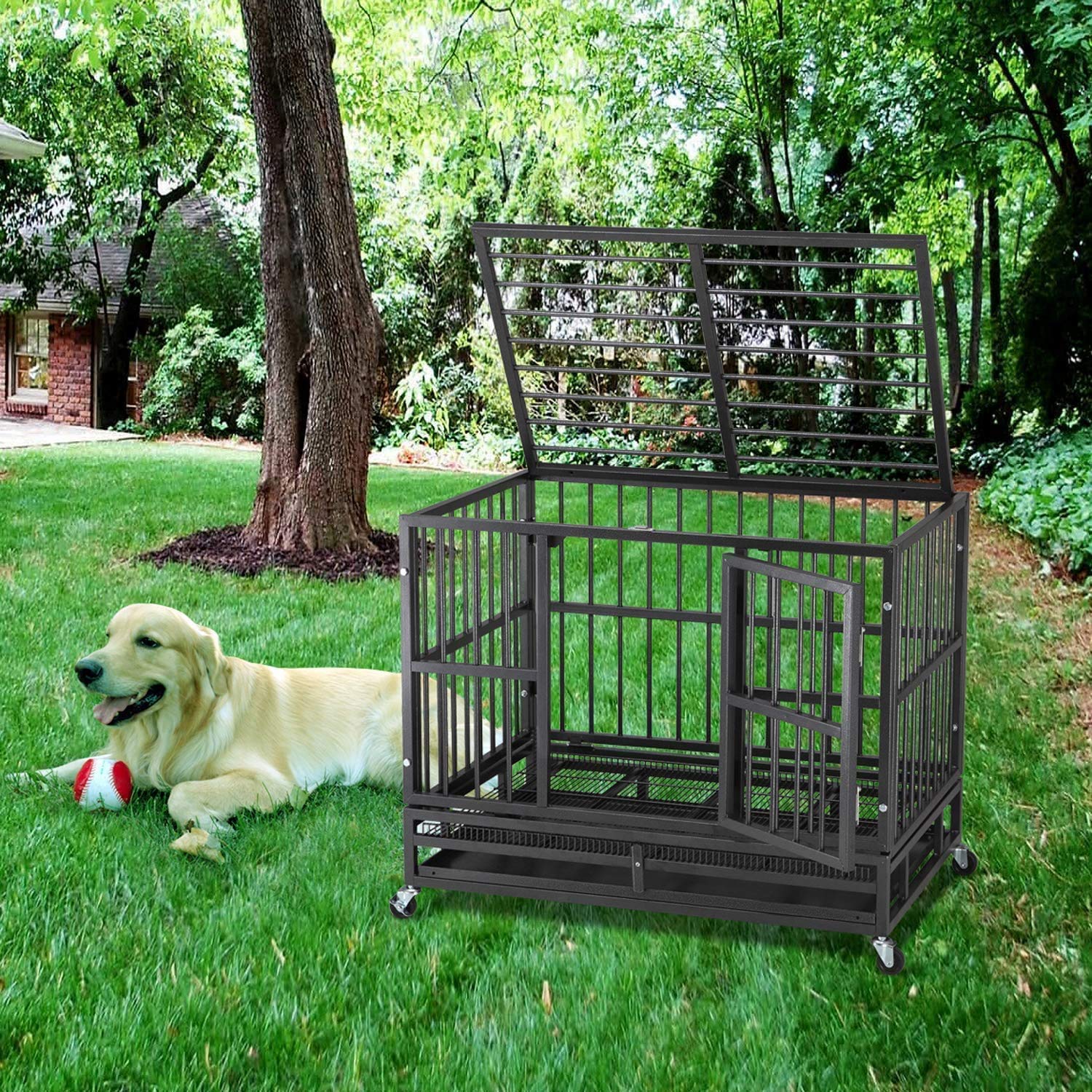 ITORI Heavy Duty Metal Dog Cage Kennel Crate and Playpen for Training Large Dog Indoor Outdoor with Double Doors & Locks Design Included Lockable Wheels Removable Tray?42in 48in?