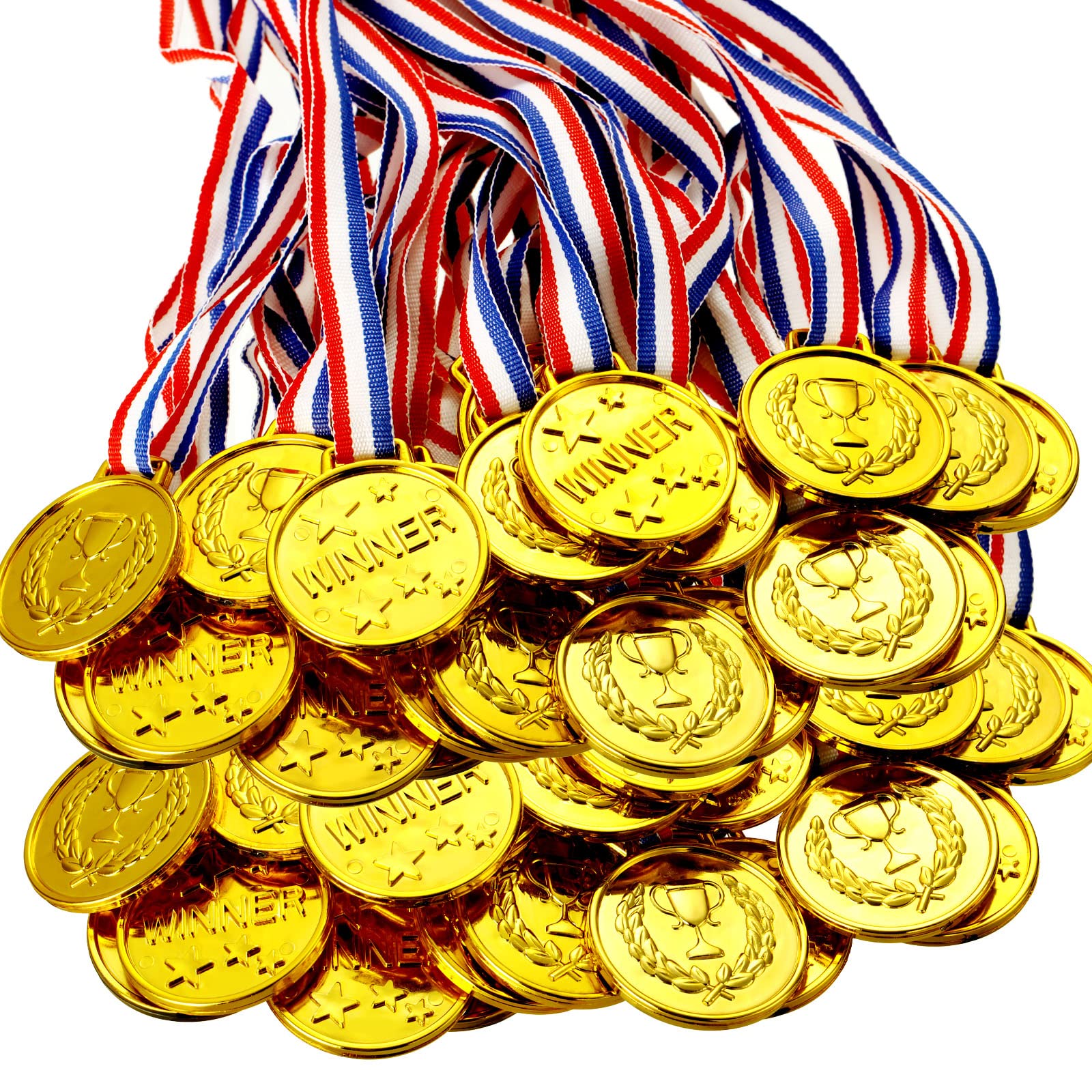 Photo 1 of Gejoy 30 Pieces Gold Plastic Winner Award Medals, Gymnastics Field Day Awards for Sports, Competition, Talent Show, Spelling Bee Birthday Party Favors Gifts(Vivid Style)