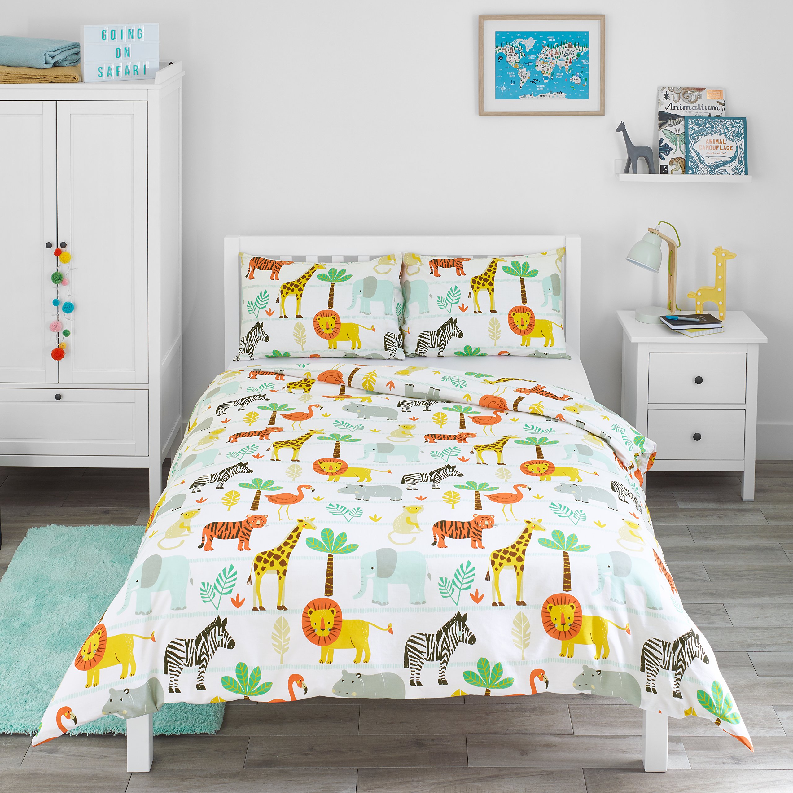 Bloomsbury Mill - Kids Double Duvet Set - Kids Double Bedding for Boys and Girls - Safari Adventure - Jungle Animals Childrens Double Bed Duvet Cover Set with 2 x Pillow Cases - 200x200cm