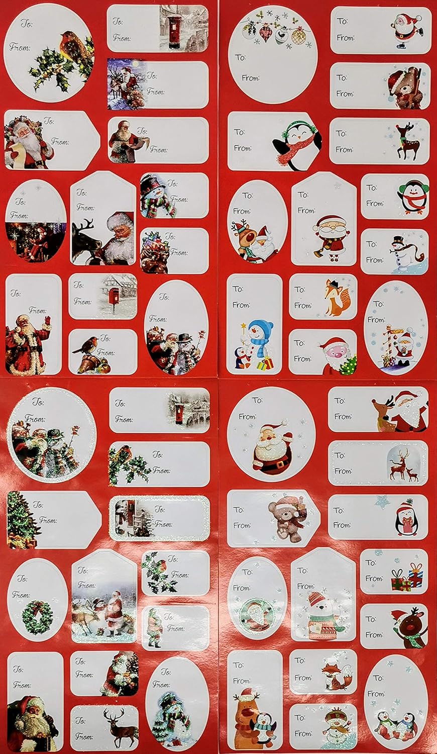 150 Christmas Gift Label Stickers, Glitter Finish, Red & White Theme, Assorted Sizes (4-6cm), Santa, Snowman, Penguin - Image 3