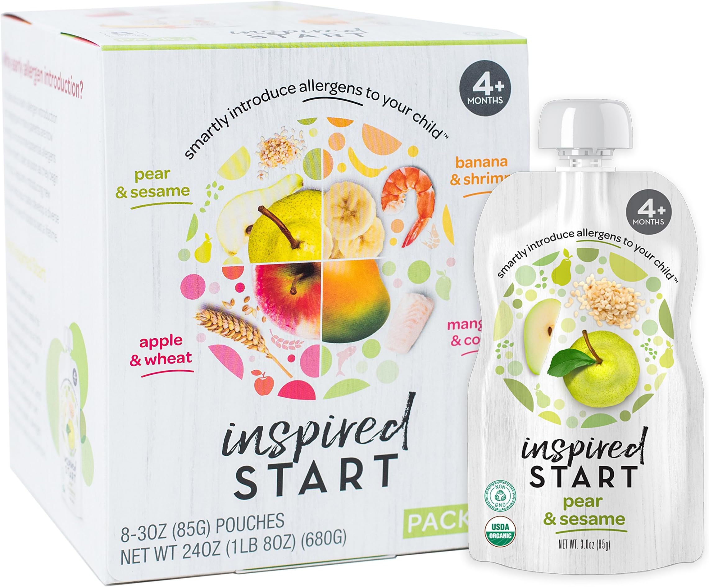 Early Allergen Introduction Baby Food: Inspired Start Pack 2, 3 oz. (Pack of 8 baby food pouches) - Non-GMO, include wheat, sesame, shrimp and cod in baby's diet