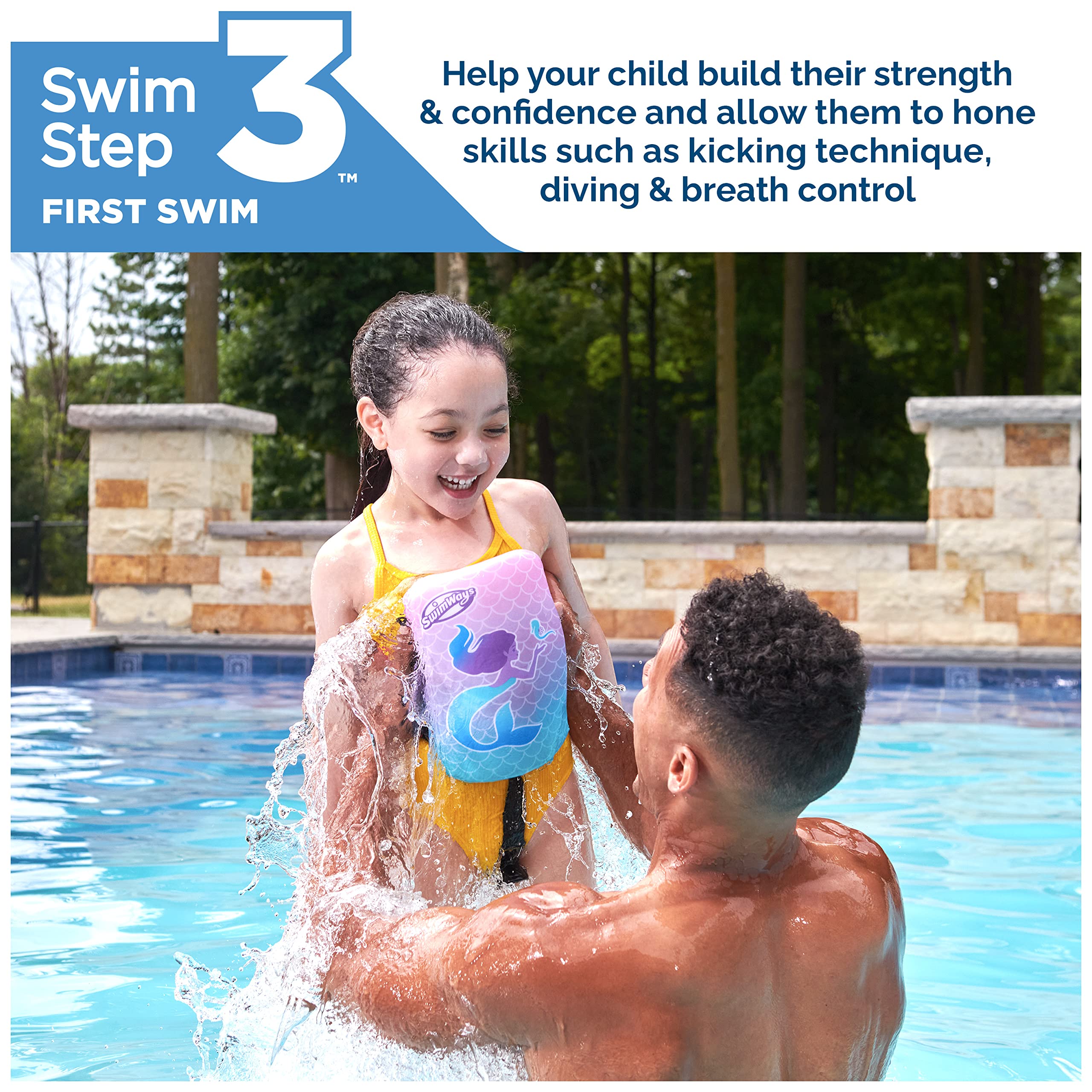 SwimWays Power Swimr Outdoor Pool Swim Vest for Kids, Adjustable Kid Pool Float for Swim Training, Medium Pink Mermaid