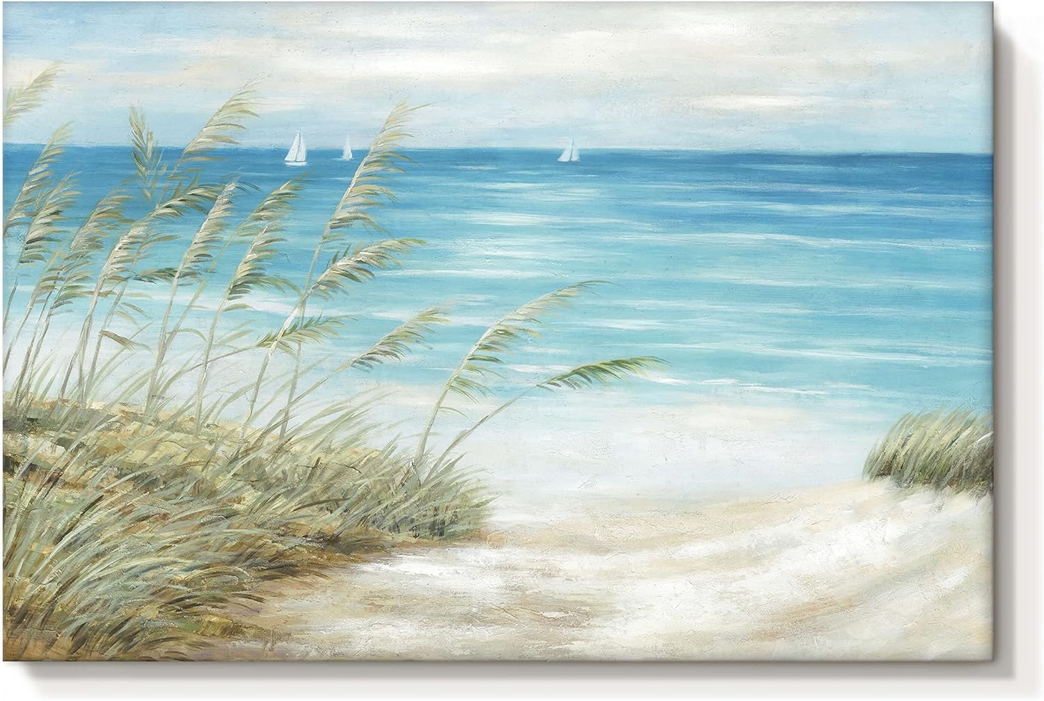 Paintings - Beach Coastal Canvas Wall Art: Sea Reed Hand Painting Vintage Abstract Blue Ocean Boat Nautical Pictures Modern Seascape Grass Path Artwork Decor for Bathroom Bedroom