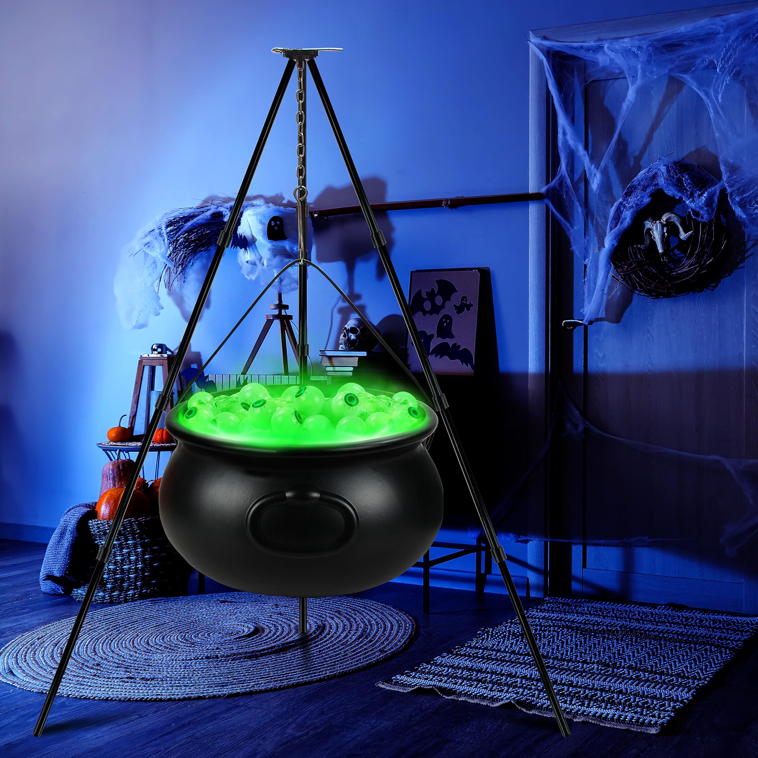 Photo 1 of (used) Halloween Decorations Set, 12.6 Inches Plastic Witch Cauldron on Tripod with Eyeball String Lights
