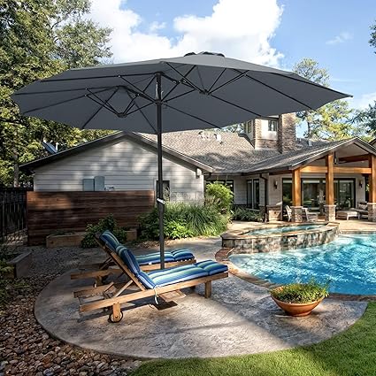 grey patio umbrella with base