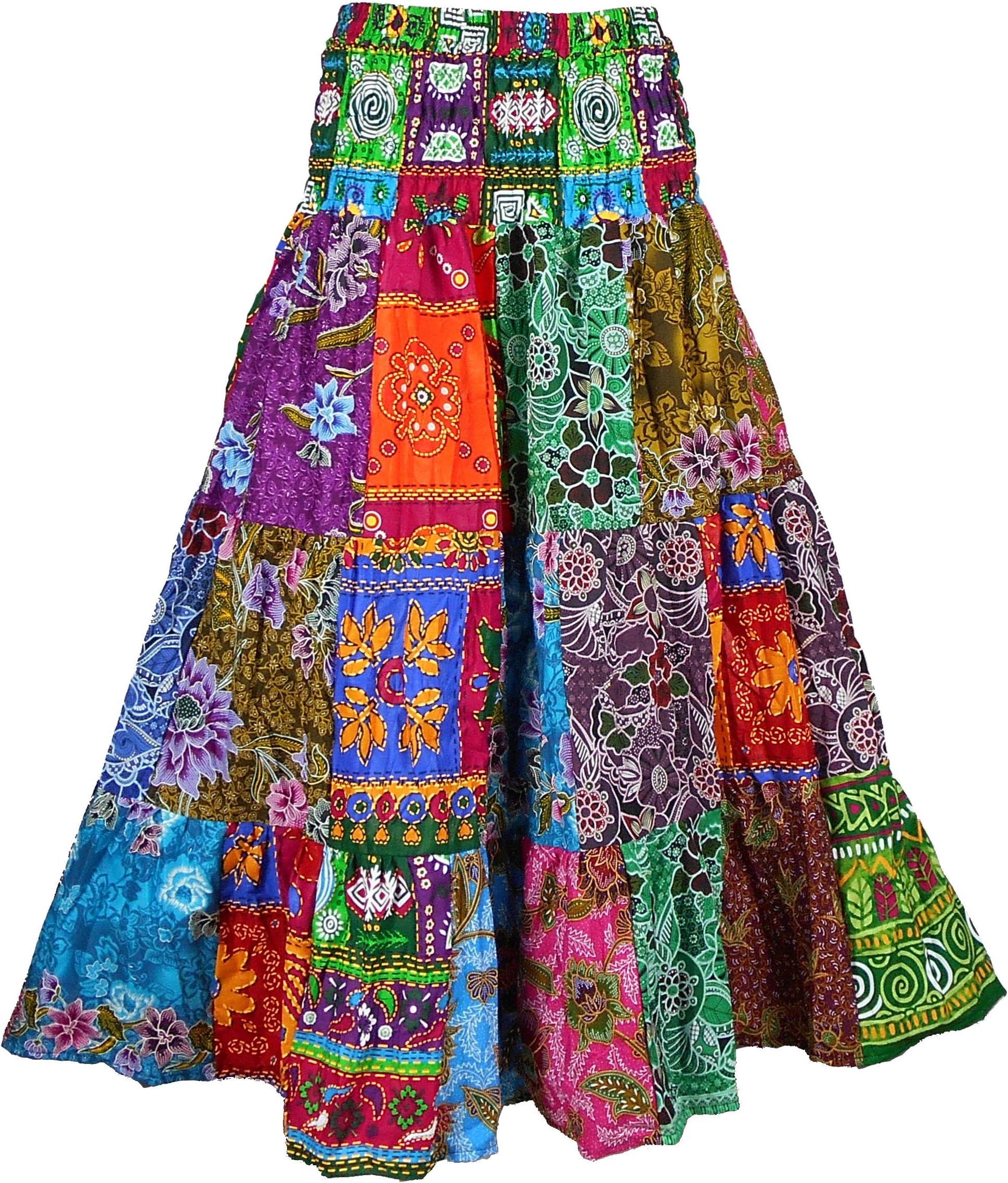BONYA Women's Hippie Boho Colorful Patchwork Smocked Stretch Waist Tiered Long Skirt (Color37)