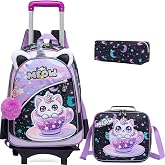 Meetbelify Girls Cute Backpack with Wheels for Elementary Students Kids Black Travel Luggage