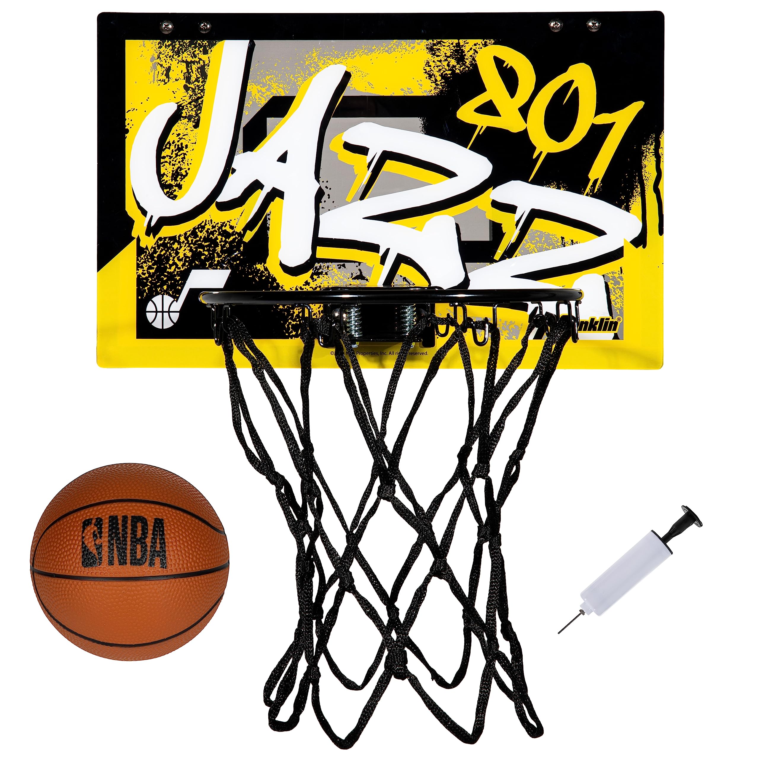 Franklin Sports NBA Utah Jazz Over the Door Basketball Hoop – Kids Indoor Hoop with Mini Basketball – NBA Fan Shop Toy for Bedroom + Office – Over the Door Set