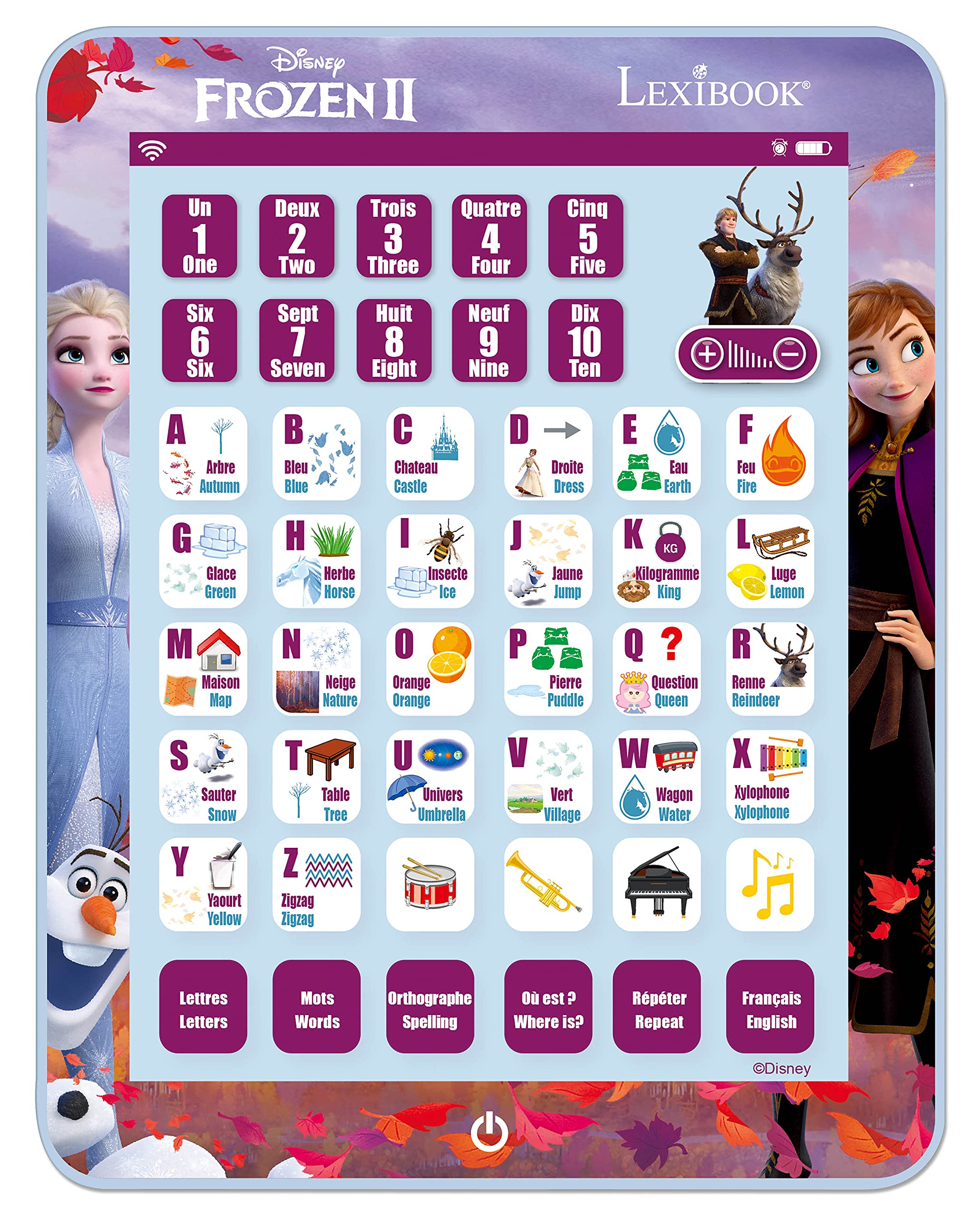 LEXIBOOK, Frozen, Educational Bilingual Learning Tablet, Learn letters numbers words spelling and music, English/French, Purple, JCPAD002FZi1