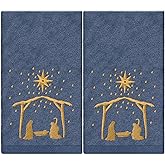 FYSUIMU Christmas Hand Towels for Bathroom Nativity Scene Blue Embroidered Cotton Bath Towel 29.5 x 13.7 Inch Xmas Winter Absorbent Kitchen Towel for Holiday Hand Drying Cleaning Cooking, 2Pcs