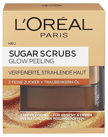 L'Oreal Paris Sugar Scrubs Glow Gesichtspeeling, mit Zucker und Traubenkern-Öl, für eine glatte und strahlende Haut, 50 ml
