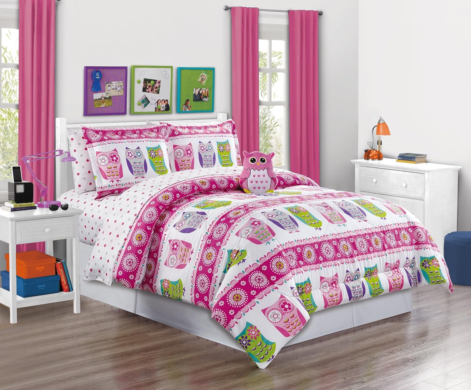Girls Kids Bedding Owl Design Polka Dot Tween Teen Dream Bed In A Bag Queen Size 8 Piece Comforter Set Sheet Set And Plush Toy Included Love