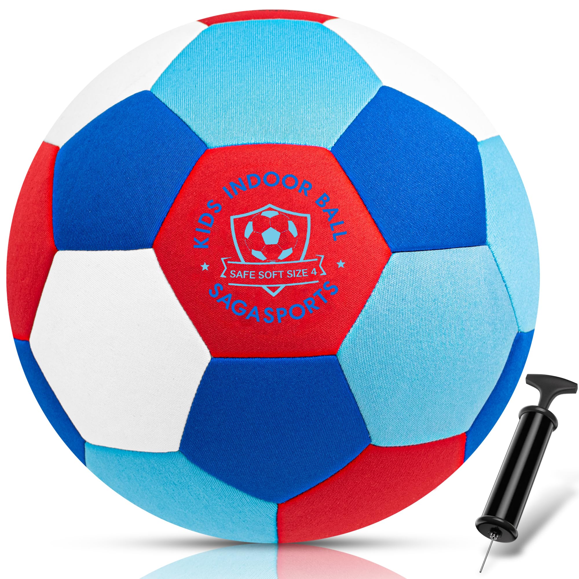 SAGA SPORTS SoftWhiz Colorful Safe Indoor Football Size 4 for kids | Felt-Cover Soft Football for Inside Your Home and Yard – Fun Gift with Pump, Needle & Mesh Bag (Blue Indoor Ball with Pump)