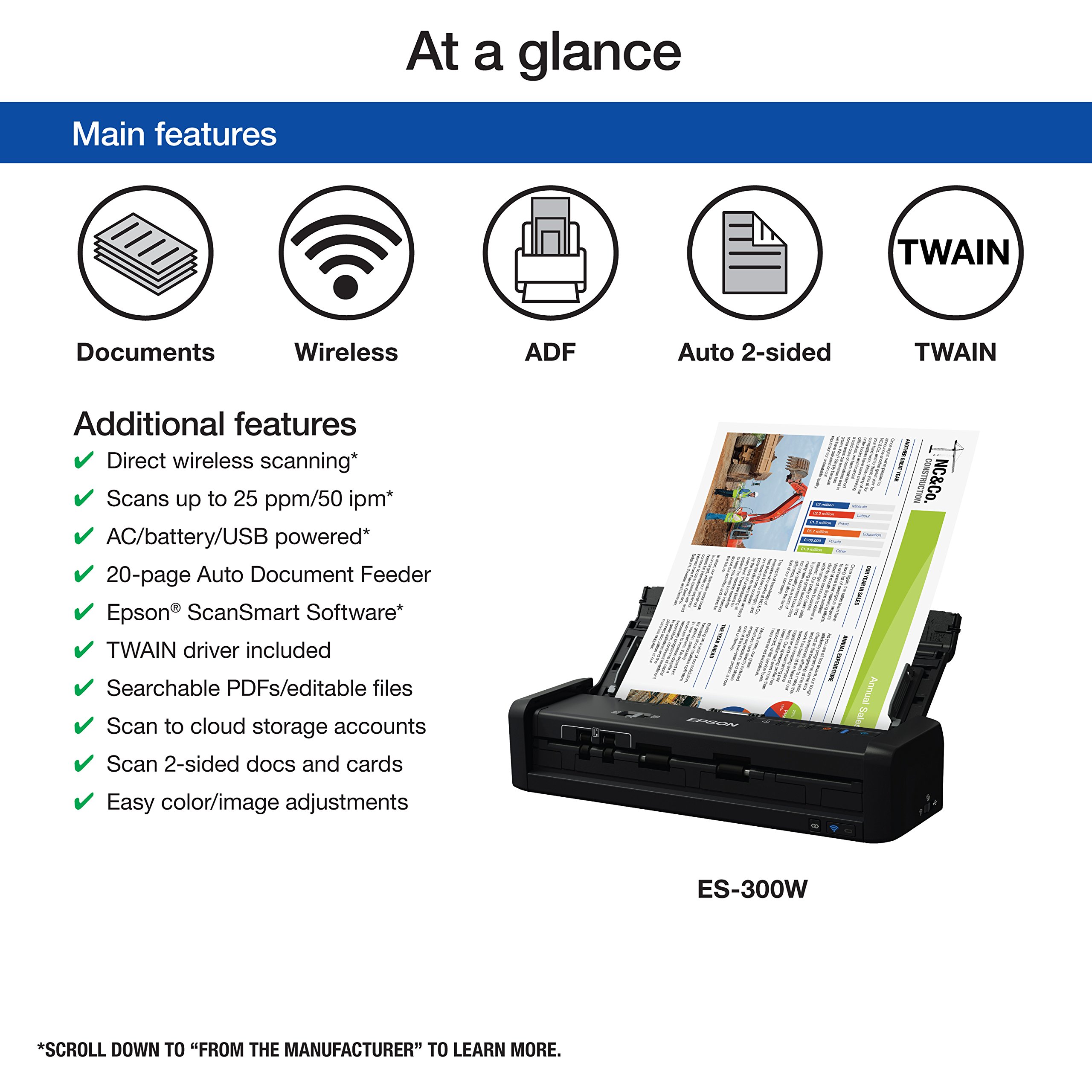 Epson Workforce Es 300w Wireless Color Portable Document Scanner