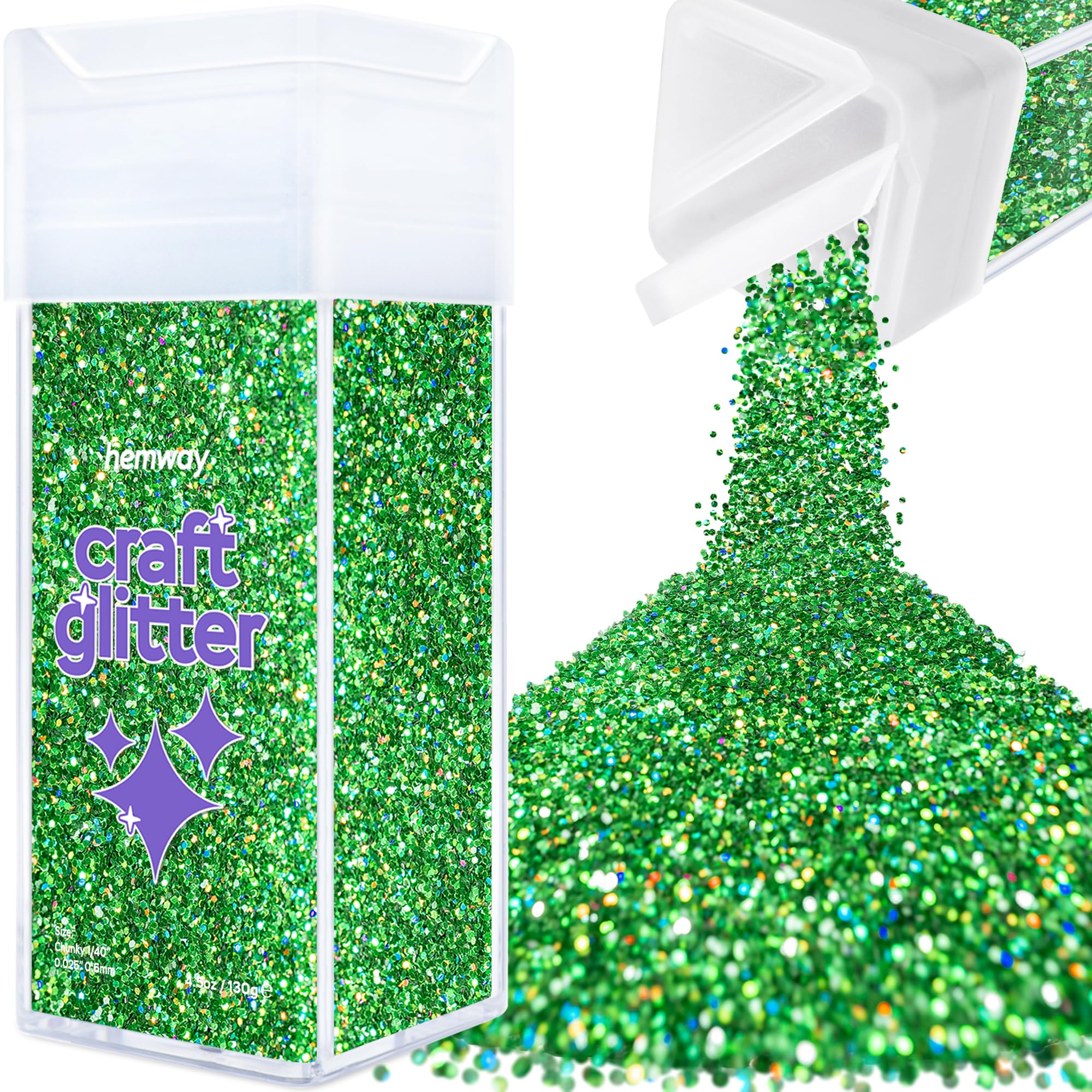 Hemway Glitter Shaker Emerald Green Holographic 110g Chunky, Craft Glitter Shaker for Resin & Epoxy Crafts, Christmas Art Supplies, Nail, Body, Face, Eye, Festival, Crafting, Slime, Sparkle