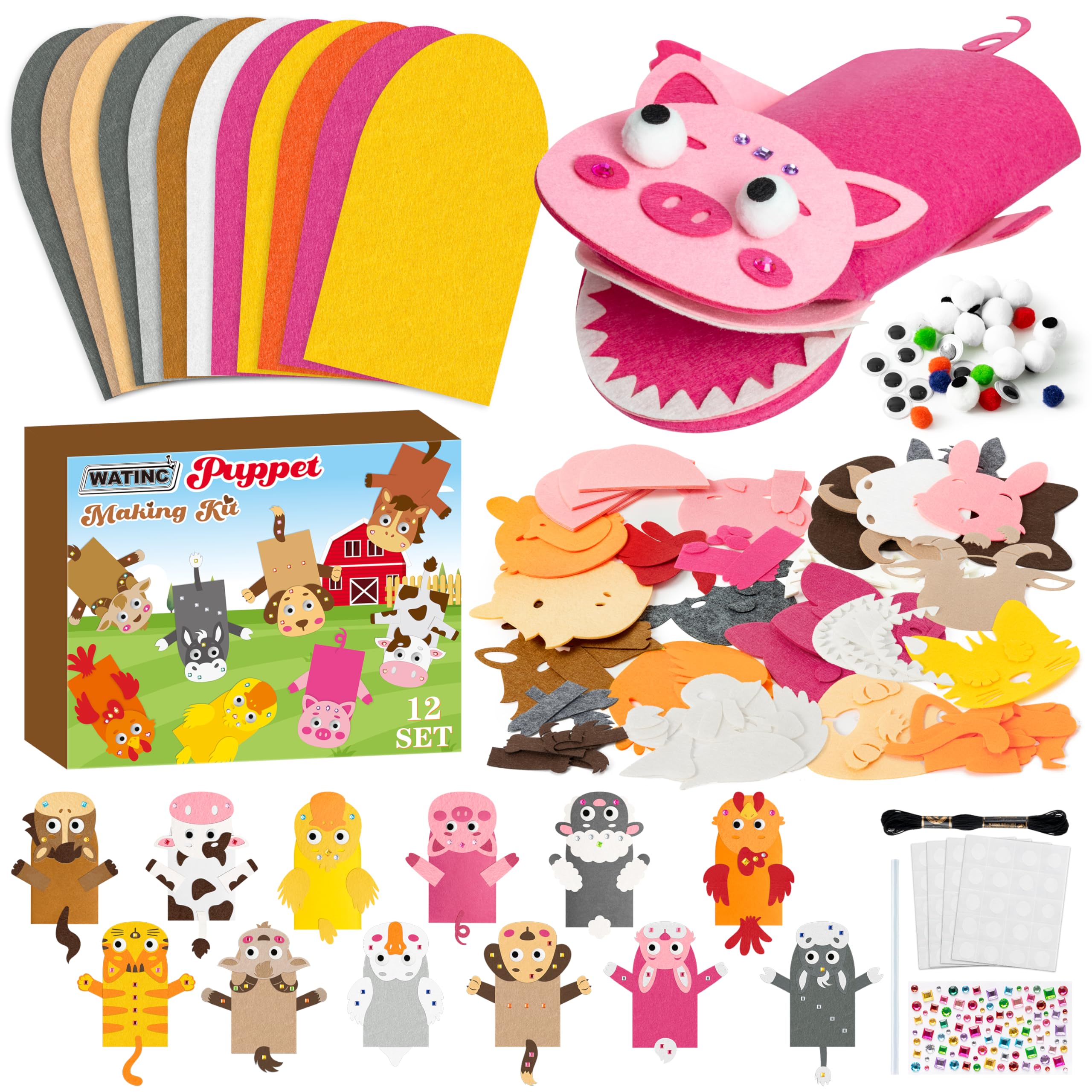 WATINC 12 Pcs Hand Puppet Making Kit, Art Craft Felt Sock Puppet Toys, Creative DIY Make Your Own Pompoms Wiggle Googly Eyes Storytelling Role Play Party Supplies Gift for Girls Boys (Farm Animals)