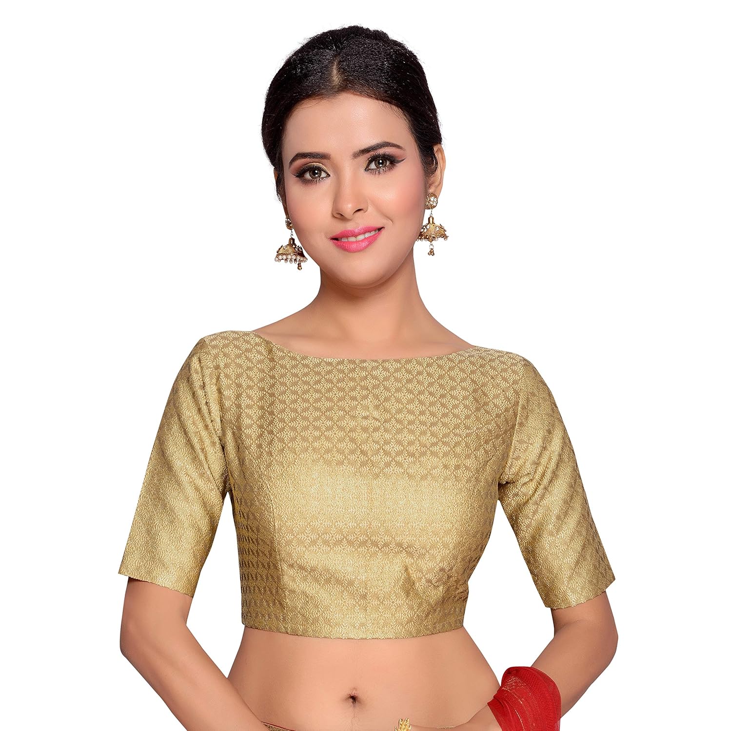 studio shringaar women's golden benaras brocade readymade saree blouse with boat neck and elbow length sleeves