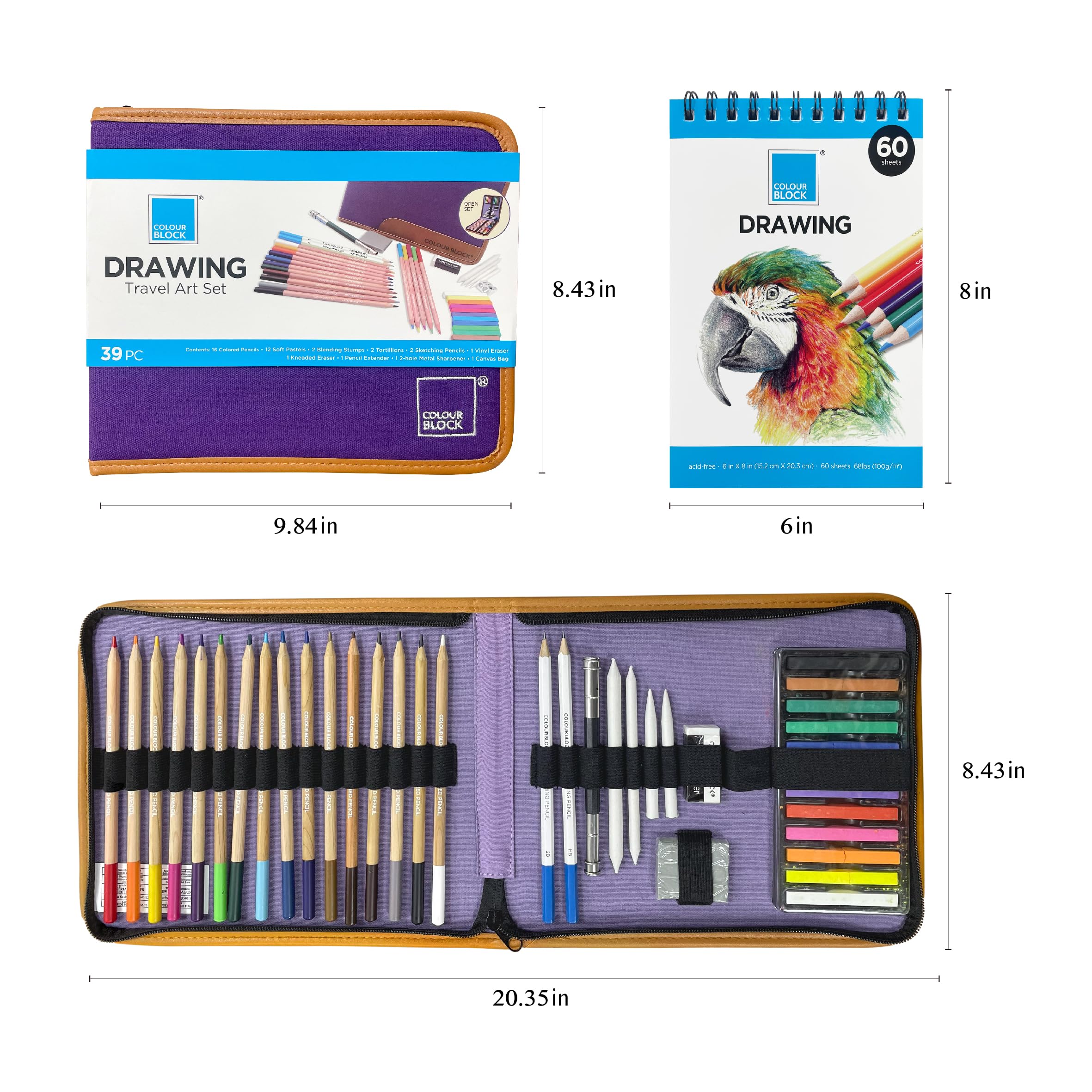COLOUR BLOCK 40 Piece Drawing Travel Art Set in a Canvas Zippered Case, with 16 Colored Pencils, 12 Soft Pastels, Sketching Pencils, Drawing Pad, and Assorted Tools