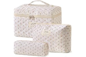 HBselect Quilted Makeup Bag, 3PCS Cotton Large Travel Makeup Bag, Cute Floral Coquette Make up Bag Cosmetic Bag Toiletry Bag for Women Girls