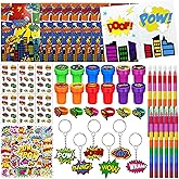 Cinrobiye 72 Pcs Hero Party Favors, Hero Coloring Books, Stickers, Tattoos, Stampers, Keychains, Rings, Rainbow Pencils, Comic Birthday Party Supplies, Goodie Bag Fillers, Prize Bulk Set