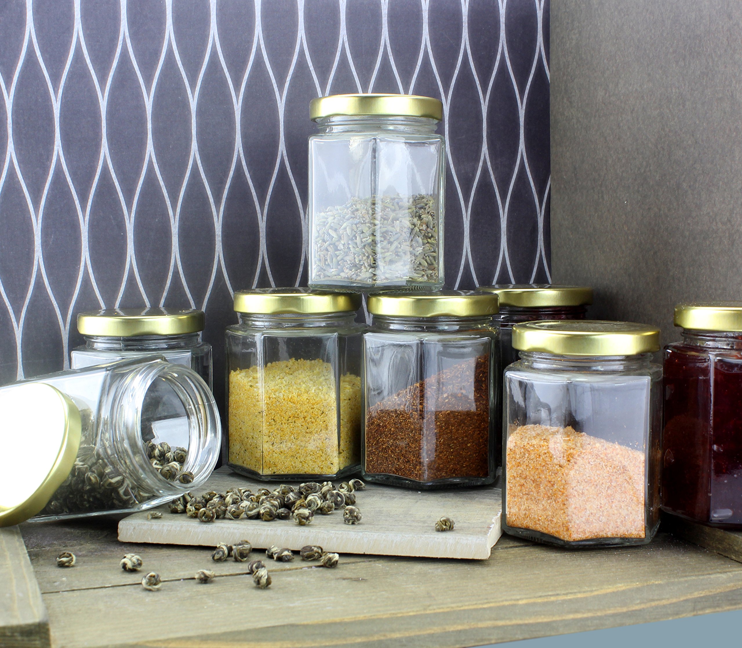 6Ounce Hexagon Glass Jars (12Pack); Empty Hex Jars w/Gold Lids for