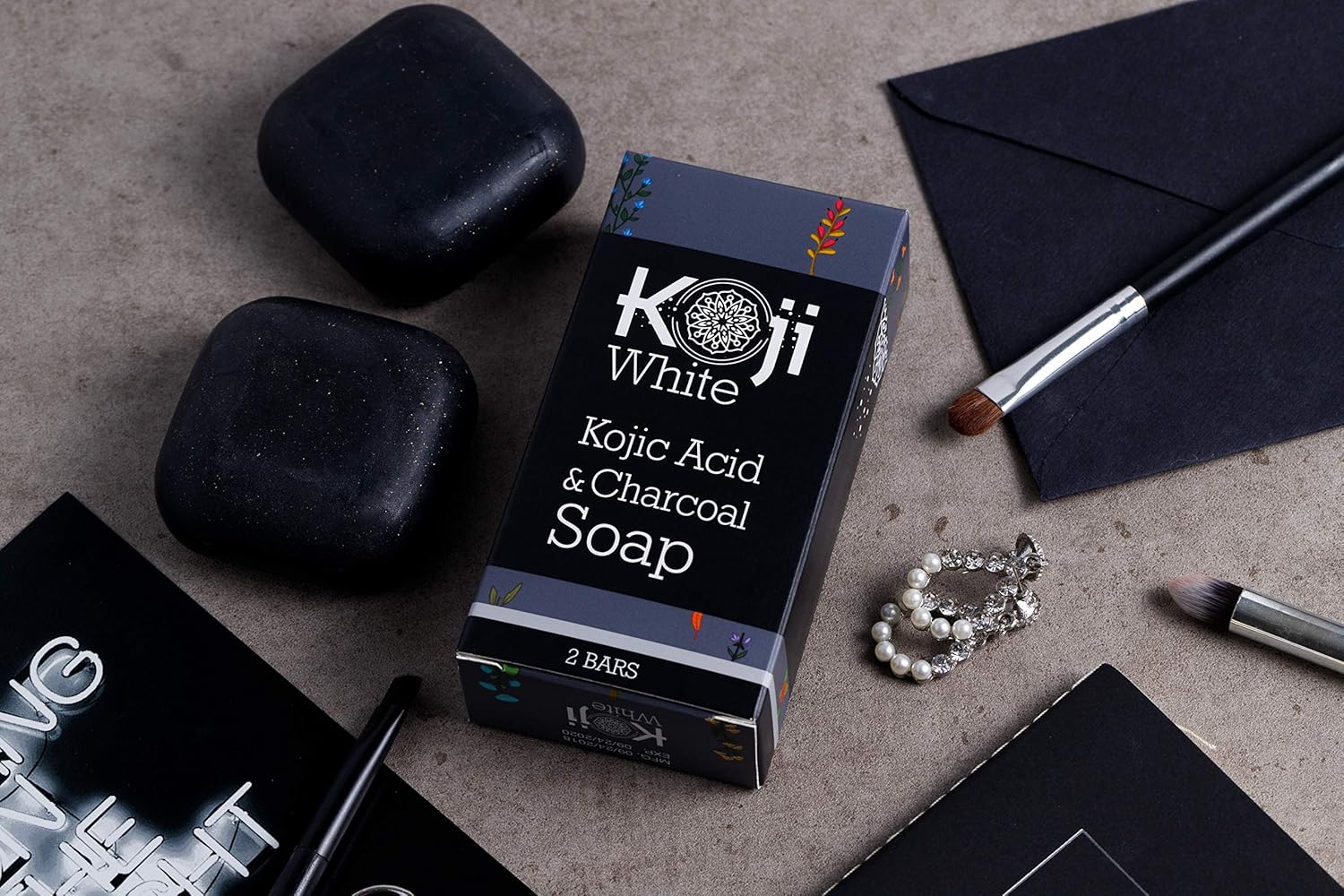 Koji White Kojic Acid & Charcoal Black Soap (2.82 oz / 2 Bars) - Brightening & Smoothing for Facial & Body - All Skin Type: Beauty