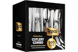TEPCO SETTINGS 600 Plastic Silverware Set - Plastic Cutlery Set - Disposable - Flatware Set - 200 Forks - 200 Spoons - 200 Knives - Heavy Duty - Party Bulk - Silver
