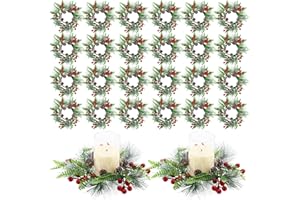 Lyrow 24 Pcs Christmas Candle Rings Wreaths Mini Artificial Garland for Kitchen Cabinet Red Berries Pine Snowy Xmas Holder for Pillars Rustic Centerpiece Table Chandelier Decor(Vintage)