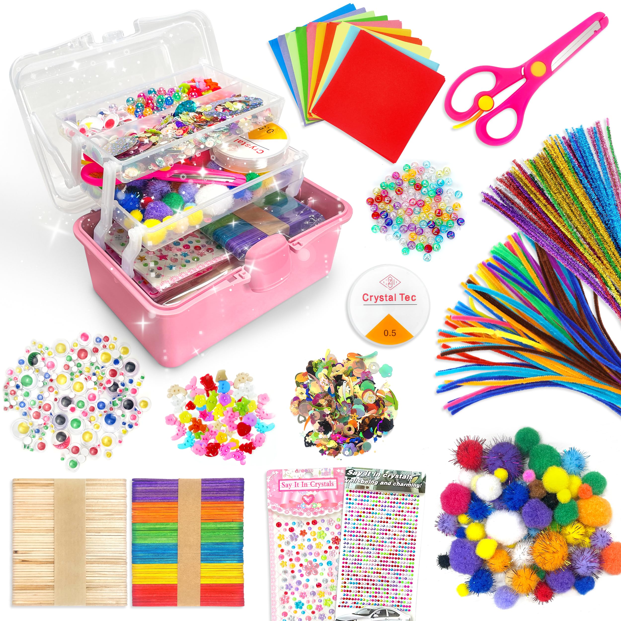 obqo 2500+ Pcs Art & Craft Box for Toddlers, Craft Supplies Included - Pipe Cleaners, Pom Poms, Eyes, Folding Storage Box - All in One for Kids, Pink