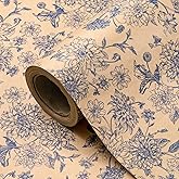 WRAPAHOLIC Kraft Blue Floral Wrapping Paper - Mini Roll - 17 Inch x 16.5 Feet - Vintage Blue Toile De Jouy Flower Wrapping Paper Perfect for Wedding, Birthday, Bridal Shower, Tea Party