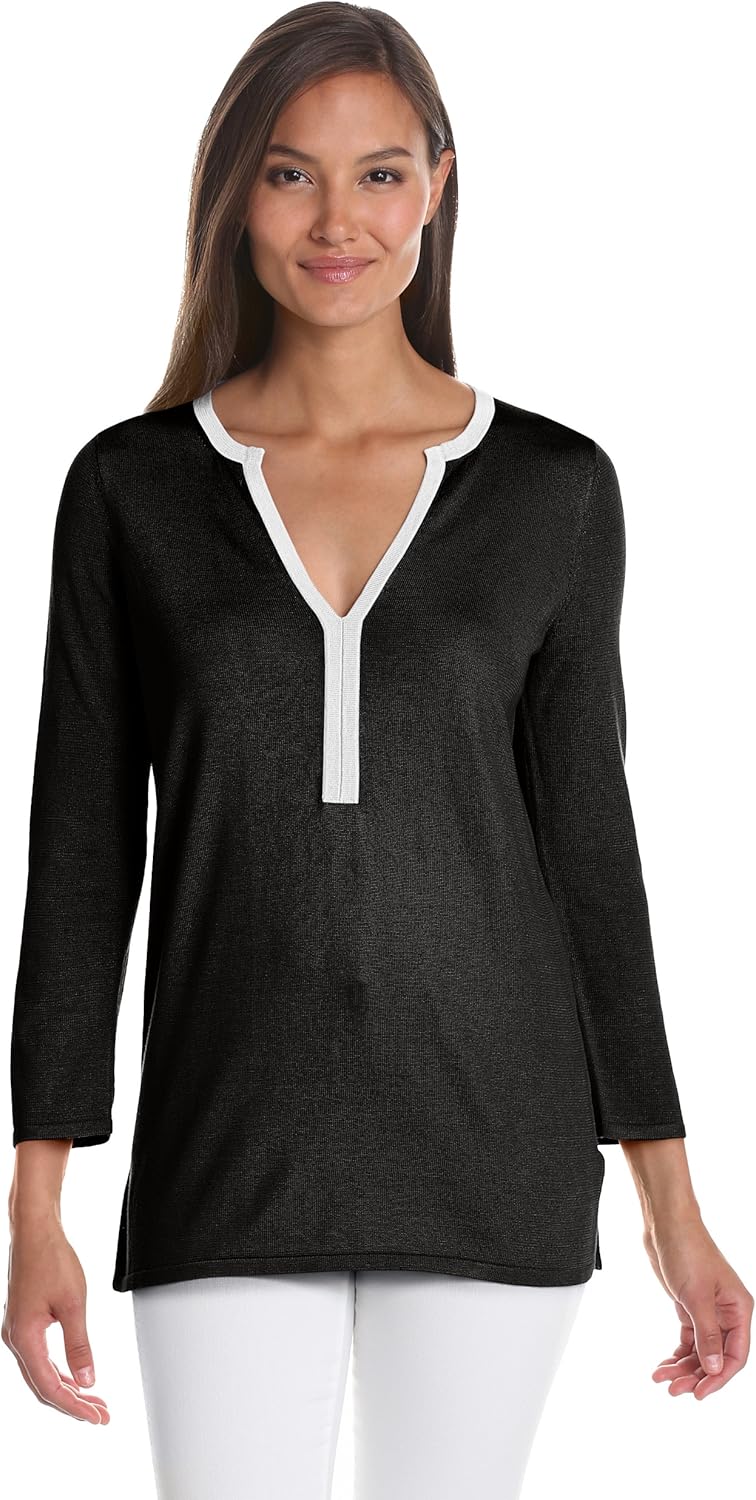 Anne Klein Women's 3/4 Sleeve Contrast Neck Tunic Sweater at Amazon