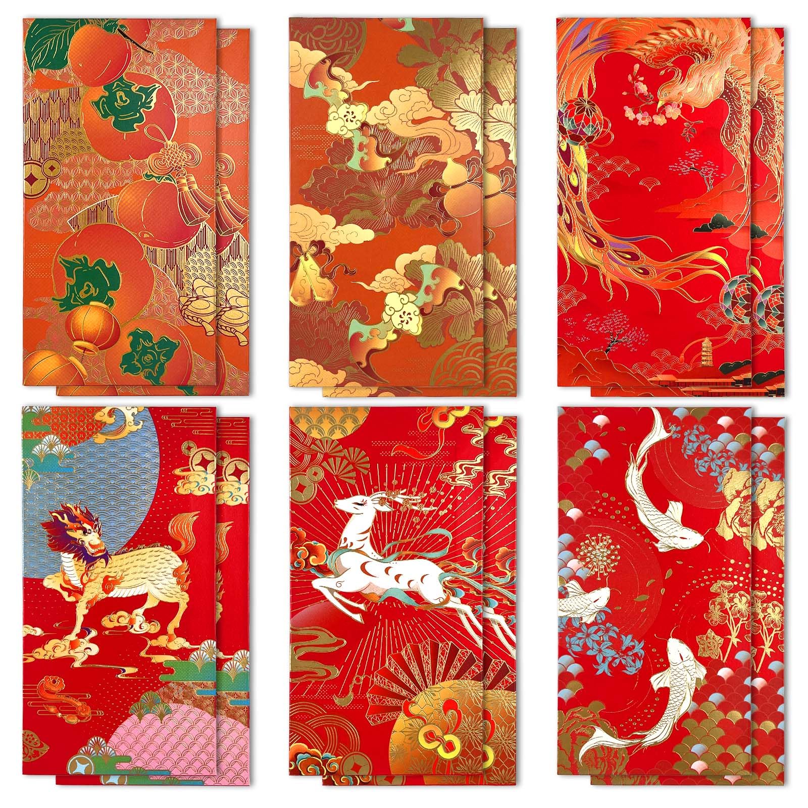 12 Pieces Red Envelopes,Money Envelopes,Cash Envelopes,Chinese Element Spring Festival Pocket Money Lucky Hong Bao for Birthday Christmas,New Year,Wedding