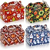 Clabby 24 Pcs Christmas Treat Boxes with Handles 3D Christmas Cookie Gift Boxes Cardboard Goodie Candy Bags Xmas Santa Elf Snowman Elk Gingerbread Holiday Party Favor Supplies, 4 Design(Novelty Style)
