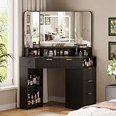 44" Fluted Corner Makeup Vanity Desk with 3 Way Mirror and Lights, Black | Modern Vanity Table with Charging Station, Dressing Table with 4 Drawers, Storage Cabinets &amp; Shelves, for Bedroom