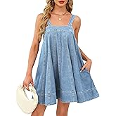 Denim Dress for Women Tie Shoulder with Straps Sleeveless Ruffle Hem Summer Casual mini Jean Dress with Pockets